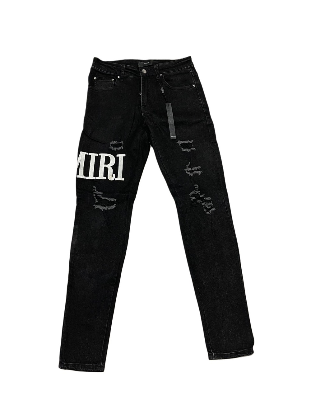 Black Distressed Jeans with White 'AMIRI' Graphic